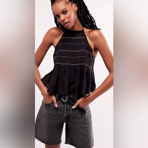Free People Cruel Summer Beaded Halter Top - Black NWOT Size M - Picture 1 of 9
